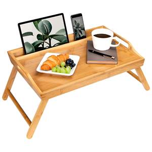 <span class=keywords><strong>Plateau</strong></span> de petit déjeuner en bambou massif naturel Table de lit pliante Plateaux de service portables avec support pour téléphone et tablette - Product Image 1