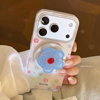Coque de téléphone style Ins avec petites fleurs bleues pour iPhone 17, 16, étui à paillettes avec support magnétique compatible avec iPhone 15 et 13