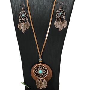 Conjunto de collar y aretes Bohemian Dreamcatcher, aleación de cobre, chapado en bronce antiguo, diseño de plumas, conjunto de joyería para mujer - Product Image 5