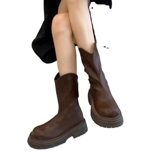 New Fashionable Brown Winter Lace-up Zip Mid Calf Women's <b>Boots</b> for Autumn/<b>Spring</b>/Summer & All Seasons - Product Image 1