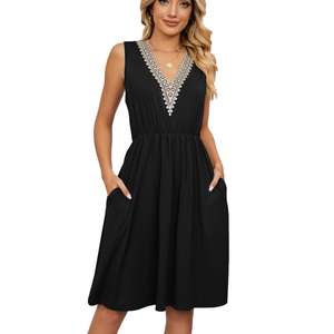 <span class=keywords><strong>2023</strong></span> stile europeo-americano <span class=keywords><strong>primavera</strong></span> ed estate tinta unita scollo a v pizzo tinta unita tasca senza maniche vestito da donna sexy - Product Image 6