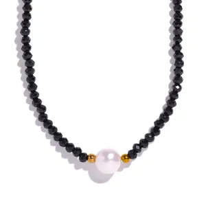 JINYOU 1540 Black Crystal Beads Chain Stainless Steel Natural Pearl Collar Necklace Women Handmade Trade Trendy Simple Jewelry