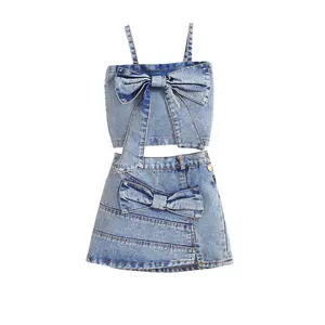 Top de moda verão infantil sem mangas com laço camisola 2 peças conjunto de roupas jeans para meninas