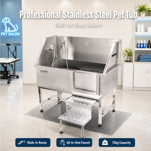 Baignoire de toilettage pour chien ALFAPET AP-908S en acier inoxydable avec échelle à deux marches, porte latérale et robinet intégré pour salon - Product Image 1