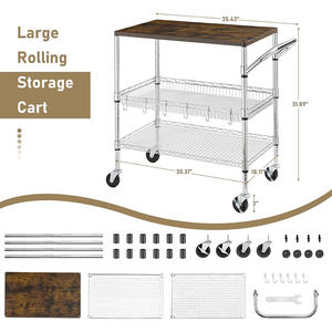 Carro rodante de 3 niveles con tapa de madera NSF, carro para servir carros de alambre con asa, estantes de utilidad, - Product Image 3