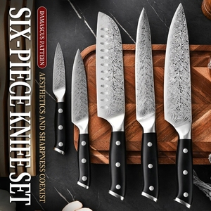Juego de 6 Cuchillos de Cocina con Patrón Damasco y Bloque de Almacenamiento de Bambú, Cuchillos Japoneses Santoku de Alta Calidad, Cuchillo de Chef para Carne - Product Image 3