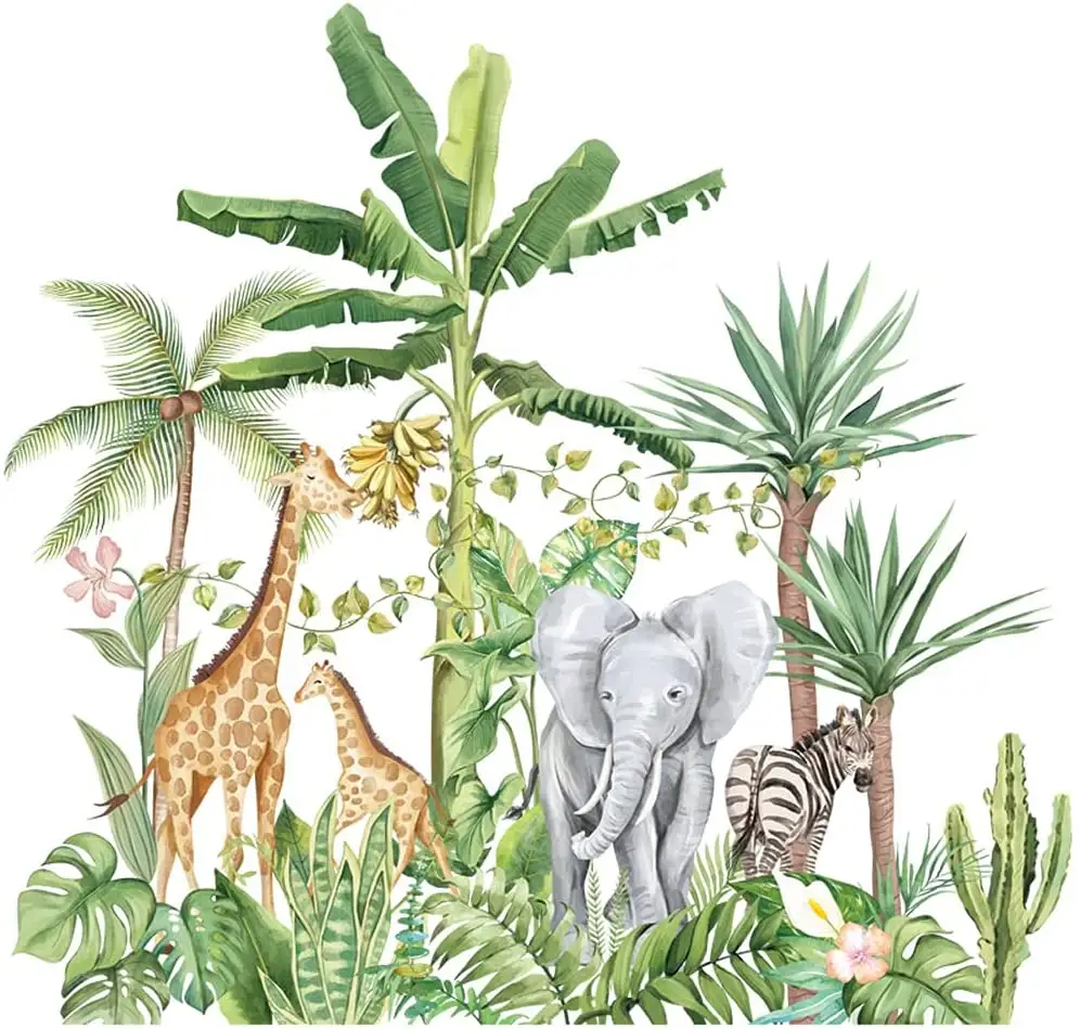 3D Stickers of Tropical Jungle Animal Wall Decal and Tropical Rainforest Home Decor for Nursery Kids Bedroom Printing Waterproof