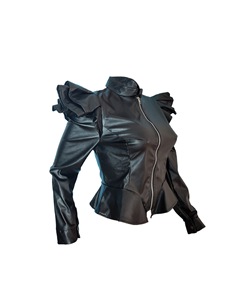 Giacca Corta da Donna in <span class=keywords><strong>Ecopelle</strong></span> Nera con Maniche Lunghe, Cerniera e Volant, Stile Motociclista, Slim Fit - Product Image 4