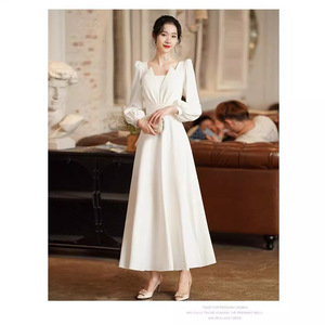 <b>White</b> V-Neck Satin Evening Gown Long Sleeve A-Line <b>Wrap</b> Dress For Banquet And Events - Product Image 3