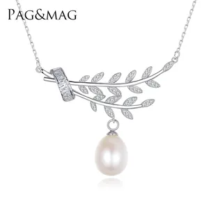 PAG & MAG 925 Sterling Silver Fashion Pearls Jewellery Pendant Necklace Chain With Leaves