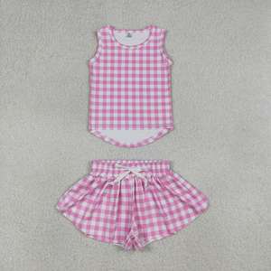 Ensemble de tenue de tennis pour petites filles, motif gingham violet, débardeur sans manches à col rond extensible et doux pour enfants, short fluide coupe crayon - Product Image 6