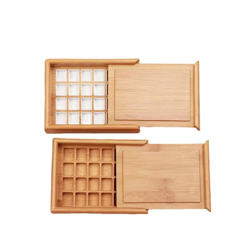 XinyiArt sanat malzemeleri taşınabilir suluboya boya tepsisi saklama kutusu boş bambu boya paleti kapaklı 24/36 yarım tavalar