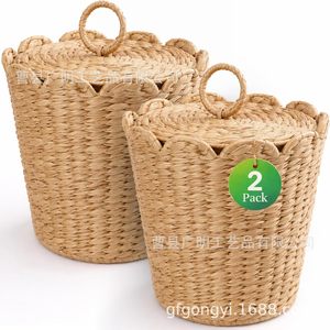 Cesta de Almacenamiento de Mimbre con Tapa Redonda Beige, Paquete de 2, Contenedor para Organización del Hogar - Product Image 5