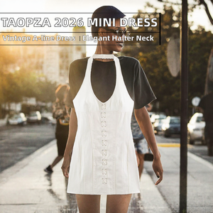 White <b>Halter</b> Lace Up Mini <b>Dress</b> Fit And Flare Sleeveless Casual <b>Summer</b> Woven Cotton Solid Color Breathable Natural Waistline - Product Image 2