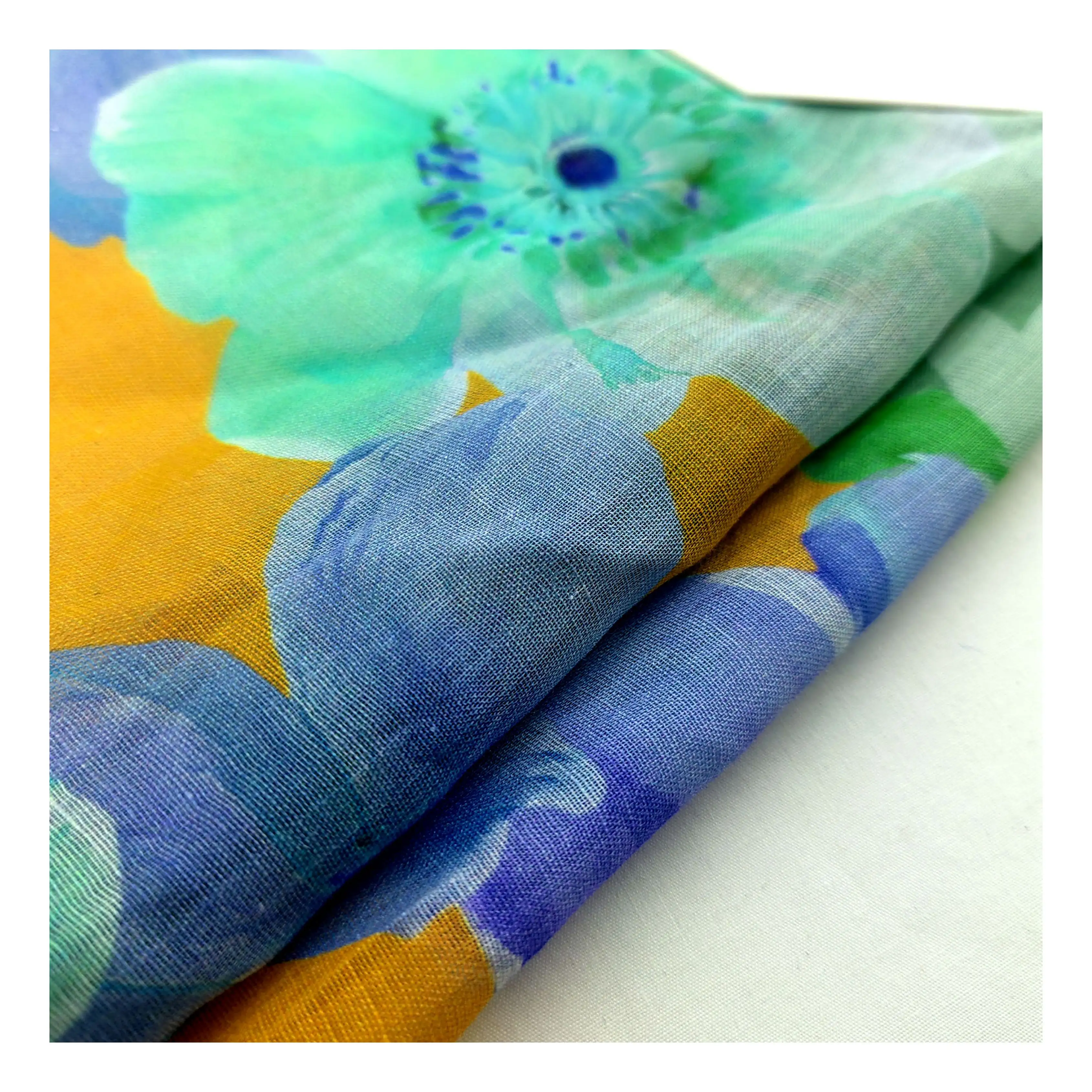 Recién llegado, cómodo, fresco, colorido, diseño de flores grandes, 100%, tela estampada de lino de ramio orgánico para ropa de Dama