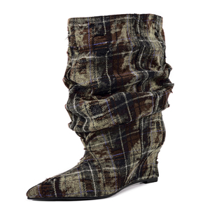 Bottines à talons compensés pointus en tissu pour femme, avec empeigne plissée à carreaux mélangés, talon haut, grande taille 45 - Product Image 4