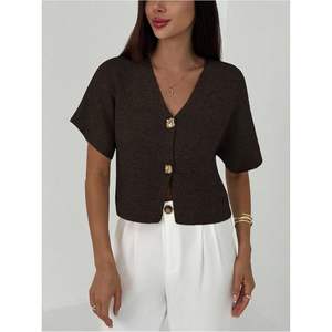 Cárdigan de Manga Corta Personalizado para Mujer, Suéter con Cuello en V, Botones, Tejido de Punto, Elegante para Oficina, Primavera/Invierno, Corte Ajustado - Product Image 2