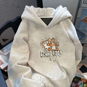 100% Cotton Fabric <strong>Tom</strong> <strong>Jerry</strong> Cute Cartoon Printed Hooded Sweatshirt for Men with Fleece Thickened Loose Autumn Winter - Product Image 1