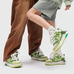 Ladies Low‑Top Sneakers Green White Canvas Raw Edge Deconstructed Double Laces Cartoon Patch Wavy Thick Sole Casual Sneakers - Product Image 4