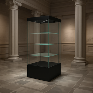 Vitrine moderne en verre 190 cm H, base noire avec 3 étagères réglables pour expositions muséales - Product Image 2