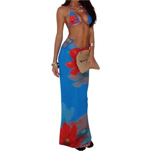 Conjunto de bikini floral de 3 piezas para mujer FOXA, traje de baño con cuello halter y falda de malla, elástico, de poliéster y spandex - Product Image 1