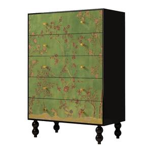 Cómoda de cinco cajones estilo vintage, verde floral, de madera maciza, para sala de estar o dormitorio - Product Image 5