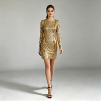 Robe Courte Moulante à Manches Longues et Col Rond avec Paillettes Dorées, Taille Naturelle, Luxe, pour Soirée, Cocktail, Club, Mariage, Femme
