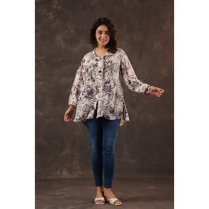 Elegante Blusa de Mujer con Estampado Floral Abstracto, Cuello con Lazo, Manga Larga, Corte Holgado, Estilo Casual - Product Image 1
