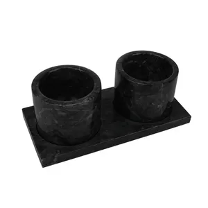 Set/2Round Black Marble Stone Pinch Pot Spice Storage Jar with marble Base for Table 2oz