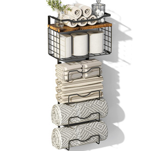 Bathroom Towel <b>Rack</b> Wall Mounted 6 Tier Black Metal With Wood Shelf Durable Storage For Towels And Bathroom Essentials - Product Image 1