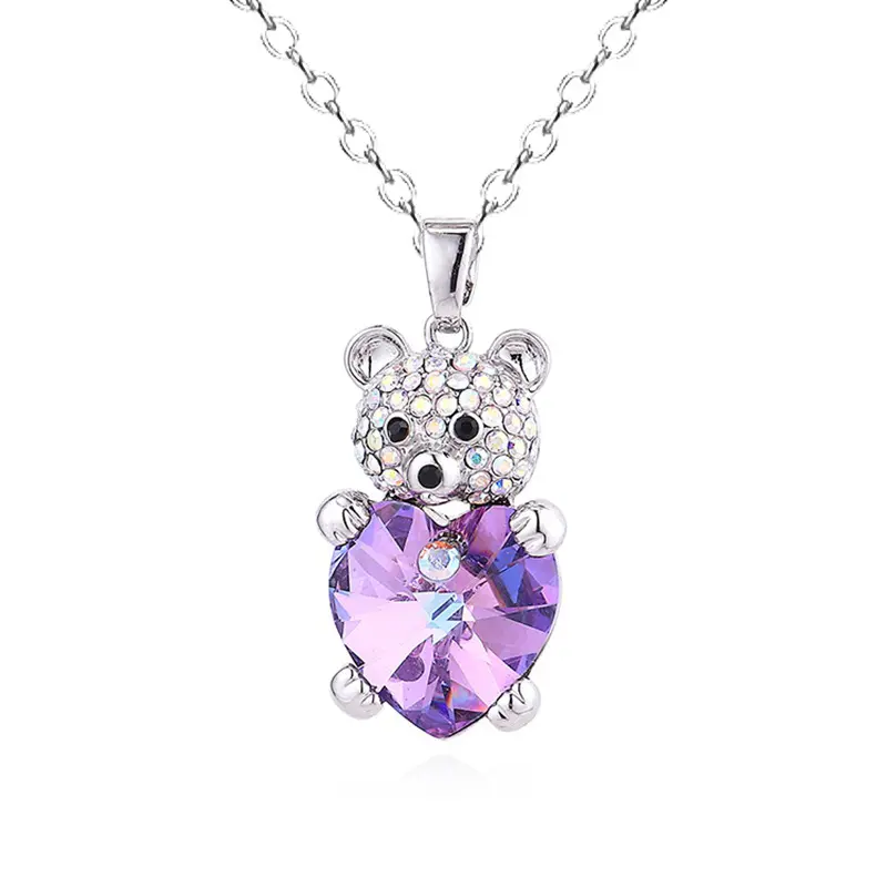 European Hot Sale Factory Crystal Purple Diamond Heart Amethyst Bear Necklace