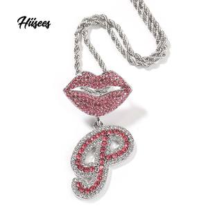 Gioielli alla moda Bijoux Femme Custom Pink Lips pendenti Shiny CZ Word Mixed Initial 26 Letter Alphabet pendenti collana - Product Image 1