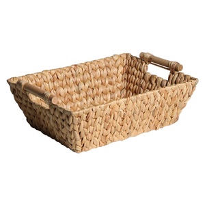 Op maat gemaakte ecologische rechthoekige bestseller opbergmand van waterhyacint met 2 houten handvatten YR Home BSCI gecertificeerd - Product Image 1