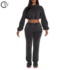 2024 ropa de calle de gran tamaño 100% algodón francés Terry desgastado bordado parche chándal Vintage lavado ácido conjunto de Sudadera con capucha para mujer - Product Image 2