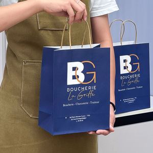 Sac de livraison en papier kraft avec poignées plates, imprimé, personnalisé avec logo, écologique, jetable, recyclable, pour la viande, les aliments, les plats à emporter - Product Image 6