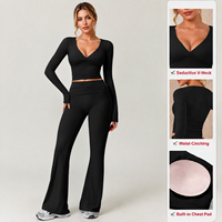 Nouvel ensemble de yoga deux pièces pour femmes, couleur unie, col en V, manches longues, pantalon évasé taille haute, tenue de sport fitness