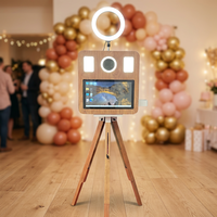 Photomaton pour événements de mariage, machine photo DSLR sur trépied aspect bois avec flight case et éclairage d'appoint, cabine photo pour fêtes et selfies