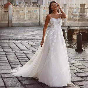 White <b>Spaghetti</b> <b>Strap</b> Lace A-Line Wedding Dress Square Neck Backless Natural Waist Lightweight Bridal Gown - Product Image 4