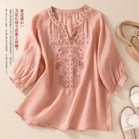 Chemisier décontracté en coton et lin brodé de fleurs pour femme, manches trois-quarts, col en V, couleur unie, coupe ample, haut pour femme
