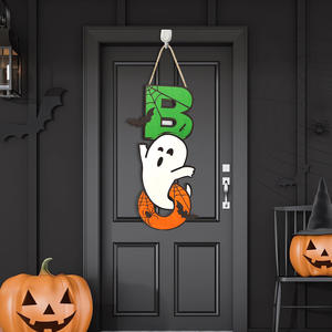 Nouvelles décorations de fête d'halloween petit signe de porte d'horreur de fantôme en bois coupe pendentif sac emballé décoration suspendue pour les fêtes - Product Image 3