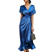 Robes de soirée maxi amples d'été, robes de bal asymétriques à fente, col en V, manches courtes, couleur unie, crêpe, pour les fêtes formelles