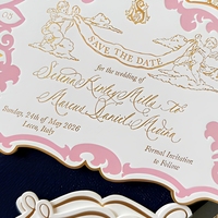 Cartes d'invitation de mariage de luxe style baroque, dorées à chaud, découpées, avec bordure enroulée, pour réserver la date