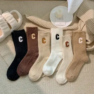 Wool socks for women autumn mid-calf socks Japanese cute solid color letter C socks comfortable and warm stockings