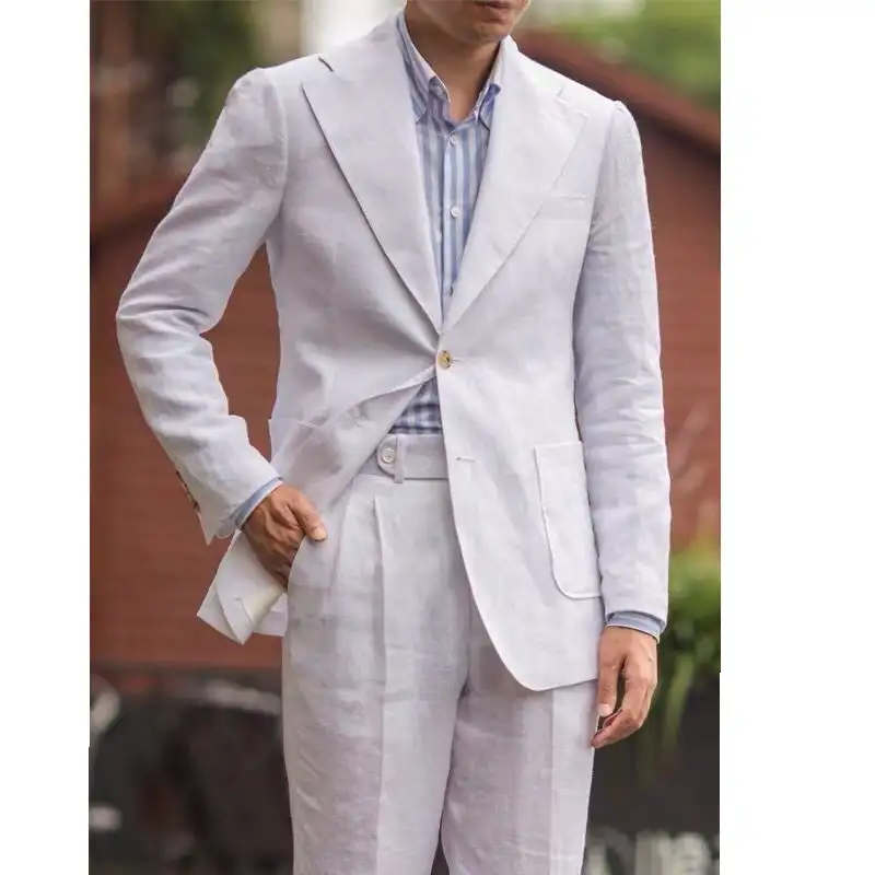 एमटीएम को मापने के लिए बनाया अनुकूलित हस्तनिर्मित औपचारिक सफेद लिनन Mens सूट