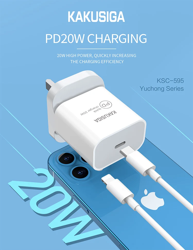 KAKUSIGA quick charger PD 20w adapter charging wall mobile phone charger with cable