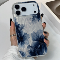 Coque de téléphone minimaliste motif fleur bleu foncé style aquarelle pour iPhone 17 Air 16 15 14 Pro Max, coque de protection souple antichoc macroporeuse