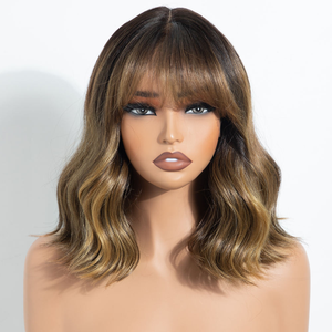 Perruque à fermeture en dentelle 5*5, cheveux Remy européens, ombrés avec mèches dorées, ondulés, 14 pouces, densité 180%, dentelle transparente, prix le plus bas - Product Image 1