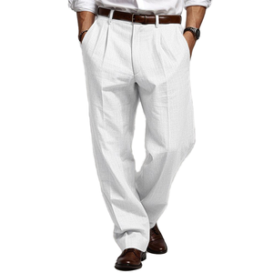 Stile personalizzato o Logo <span class=keywords><strong>pantaloni</strong></span> <span class=keywords><strong>di</strong></span> <span class=keywords><strong>lino</strong></span> da uomo doppio plissettato borsa anteriore a cilindro dritto traspirante ampia cerniera Fly solido Casual - Product Image 1