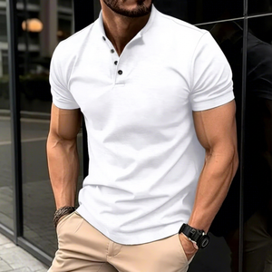 <b>Men's</b> White <b>Slim</b> <b>Fit</b> Stand Collar Short Sleeve Polo <b>Shirt</b> Casual Solid Color Breathable Poplin T-<b>Shirt</b> - Product Image 3