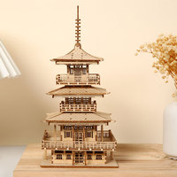 Vente en gros de puzzles en bois 3D, modèle de pagode à trois étages, puzzles en bois 3D DIY pour adultes, architecture ancienne asiatique, kit d'assemblage artisanal